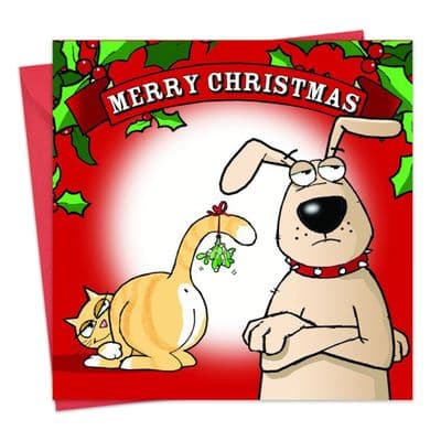 CAN4 - Funny Cat & Dog Christmas Card Mistletoe