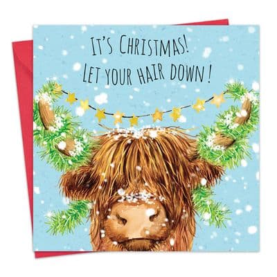 CSH2 - Funny Scottish Christmas Card - Highland Cow - Let Your Hair Down