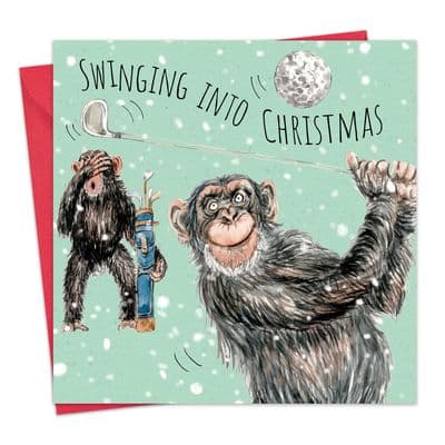 CSH31 - Funny Golf Christmas Card - Chimpanzee - Swinging Into Christmas