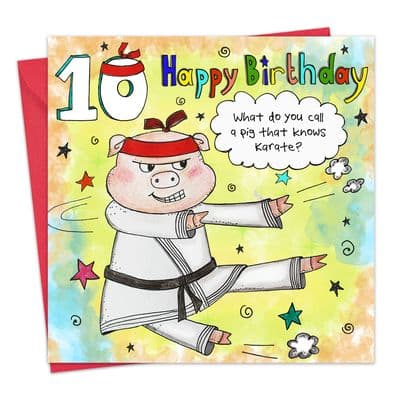 LG10 - Age 10 Children's Happy Birthday Card - Karate Pig