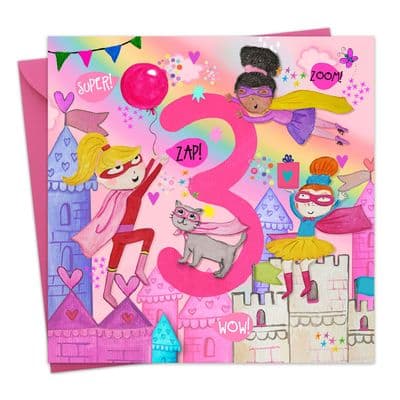 PB33 - Age 3 Girls Birthday Card - 3rd - Superheroes
