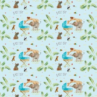 TWR10 - New Baby Boy Wrapping Paper - Blue Jungle Animals - 25 Flat Sheets