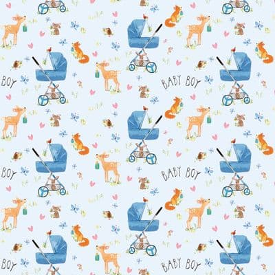 TWR11 - New Baby Boy Wrapping Paper - Blue Woodland Animals - 25 Flat Sheets