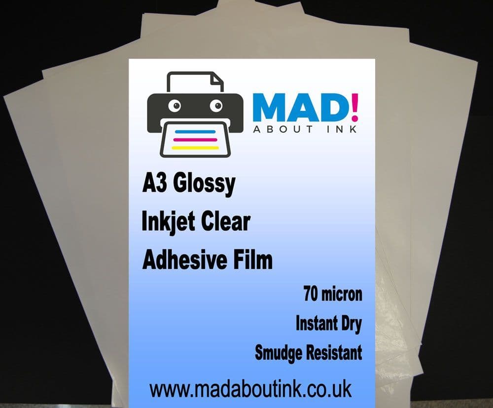 Clear Glossy Vinyl Inkjet Adhesive Sticker Film 120mic 5 A4 Sheets