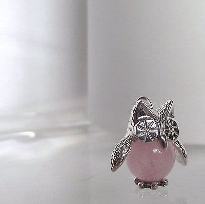 Charming Hand made Sterling Silver & Rose Quartz Barney Owl Charm Pendant