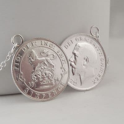 Double Coin Necklace Solid Sterling Silver Lucky Sixpence date 1914 Stunning Gift