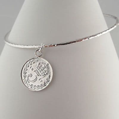 Gorgeous Handmade Celeb Style Coin Charm Bangle Sterling Silver 1917 Thrupence