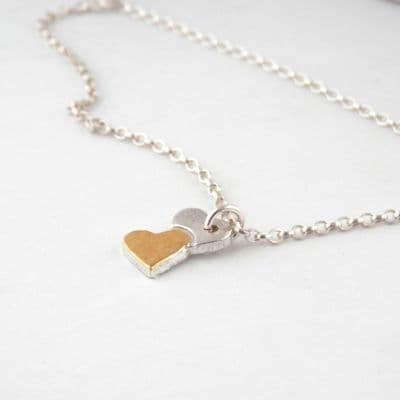 Gorgeous Handmade Classic Double Heart Silver 999 & 24ct Gold Necklace Unique Gift