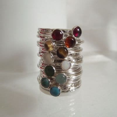 Handmade Gemstone Sterling Silver Hammer Finish Stacking Halo Ring FREE 2nd Ring