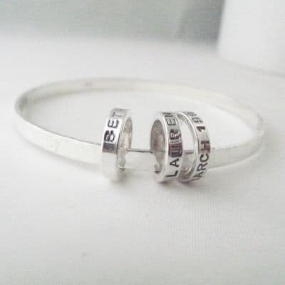 Handmade Hammer Finish Solid Sterling Silver Rings Personalised Charm Bangle