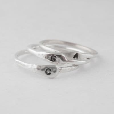 Personalised Initial Ring Hammer Finish Sterling Silver Halo Stacking Ring