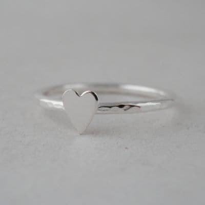 Silver Heart Ring Halo Stacking UK Handmade Hammer Finish Sterling Any size