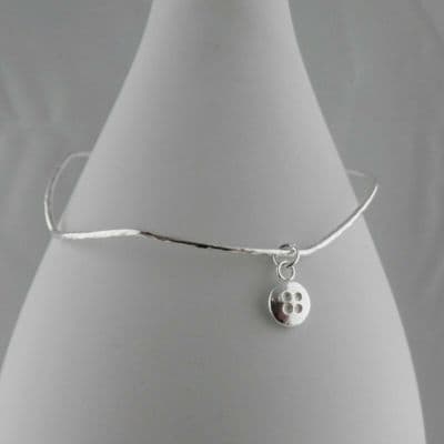 Sterling Silver 925 Wavy Skinny Stacking Bangle Handmade Button Charm Bracelet