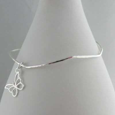 Sterling Silver 925 Wavy Stacking Bangle Handmade Butterfly Charm Bracelet