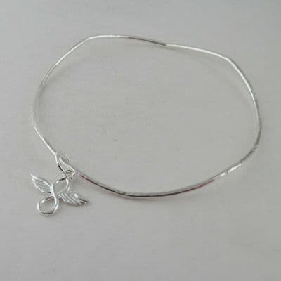 Sterling Silver 925 Wavy Stacking Bangle Winged Infinity Angel Charm Bracelet