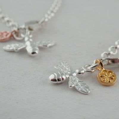 Sterling Silver Bee Daisy Charm Bracelet Solid 925 Yellow or Rose Gold Accent