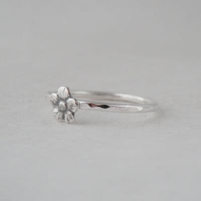 Sterling Silver Flower Ring Halo Stacking UK Handmade Hammer Finish Any size