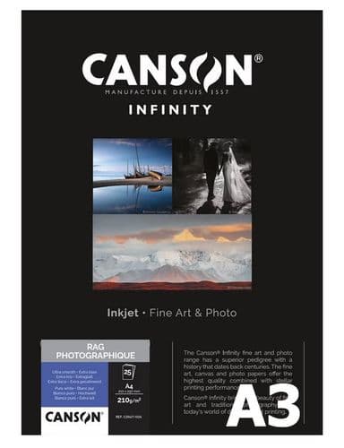 Canson Infintiy Rag Photographique 310gsm | A3 x 25 Sheets | Smooth Matte | C206211047