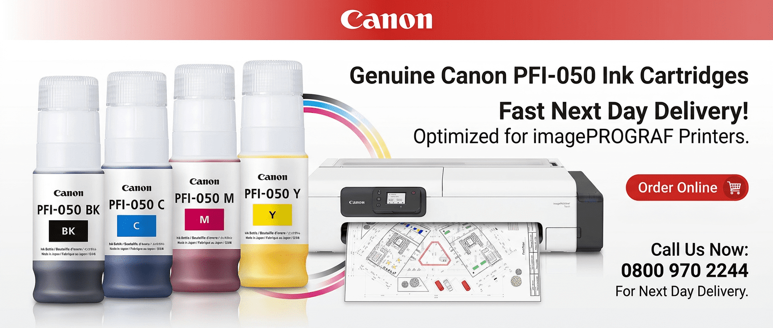 Canon PFI-050 70ml ink bottles in Black, Cyan, Magenta and Yellow for imagePROGRAF TC-20 and TC-21