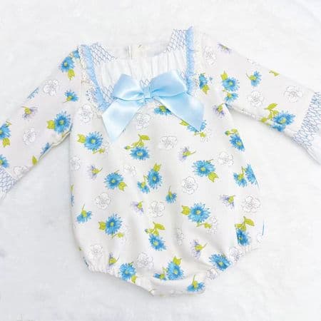 *Clearance* Baby Girl Blue/Cream Floral Smocked Romper 