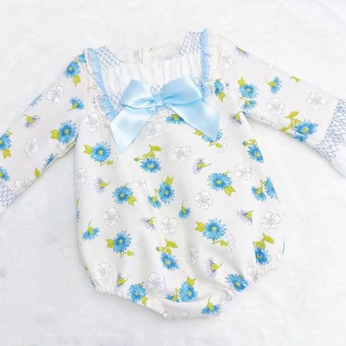 *Clearance* Baby Girl Blue/Cream Floral Smocked Romper "MYDC2468"