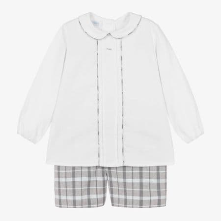 *SAL*E FOQUE Baby Boys White with Grey Checked Shorts Set 