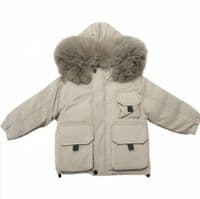 *SALE* Baby Boy Beige Bomber Jacket with Faux Fur Hood and Cargo Patch Pockets