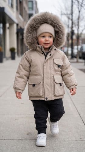 *SALE* Baby Boy Beige Bomber Jacket with Faux Fur Hood and Cargo Patch Pockets" 26013 "