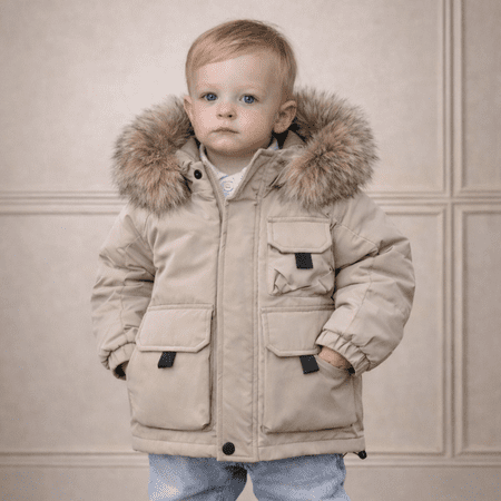 *SALE* Baby Boy Beige Bomber Jacket with Faux Fur Hood and Cargo Patch Pockets