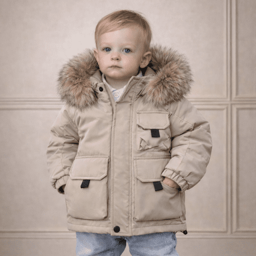 *SALE* Baby Boy Beige Bomber Jacket with Faux Fur Hood and Cargo Patch Pockets" 26013 "