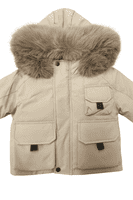 *SALE* Baby Boy Beige Bomber Jacket with Faux Fur Hood and Cargo Patch Pockets