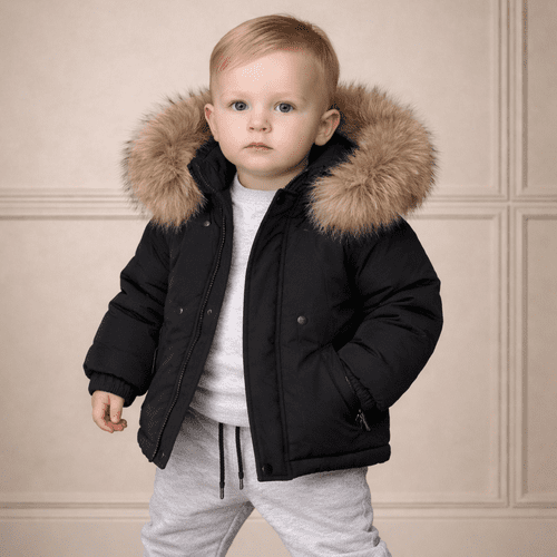 *SALE* Baby Boy Black Bomber Jacket with Faux Fur Hood " 26014 "