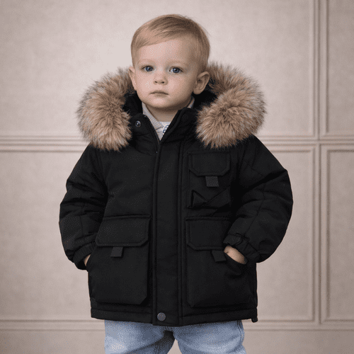 *SALE* Baby Boy Black Bomber Jacket with Faux Fur Hood and Cargo Patch Pockets" 26013 "