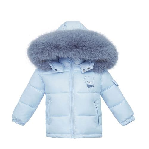 *SALE* Baby Boy Blue Puffer Coat Teddy Motif with Faux Fur Hood "MYD409 Teddy"