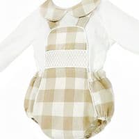 *SALE* Baby Boy Camel Checked Smocked Romper with  Shirt 