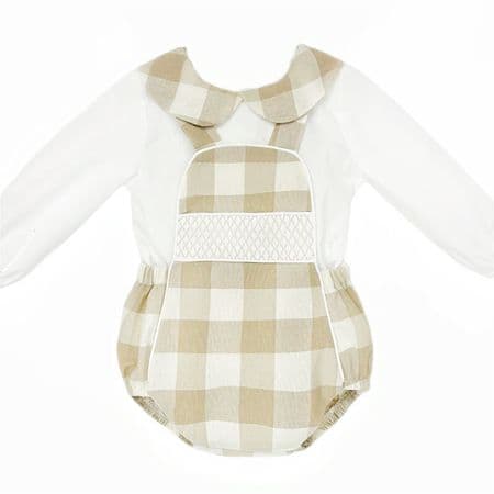 *SALE* Baby Boy Camel Checked Smocked Romper with  Shirt 