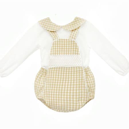 *SALE* Baby Boy Camel Gingham Smocked Romper with  Shirt 
