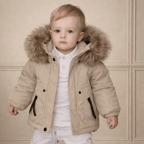 *SALE* Baby Boy Light Brown Bomber Jacket with Faux Fur Hood " 26014 "