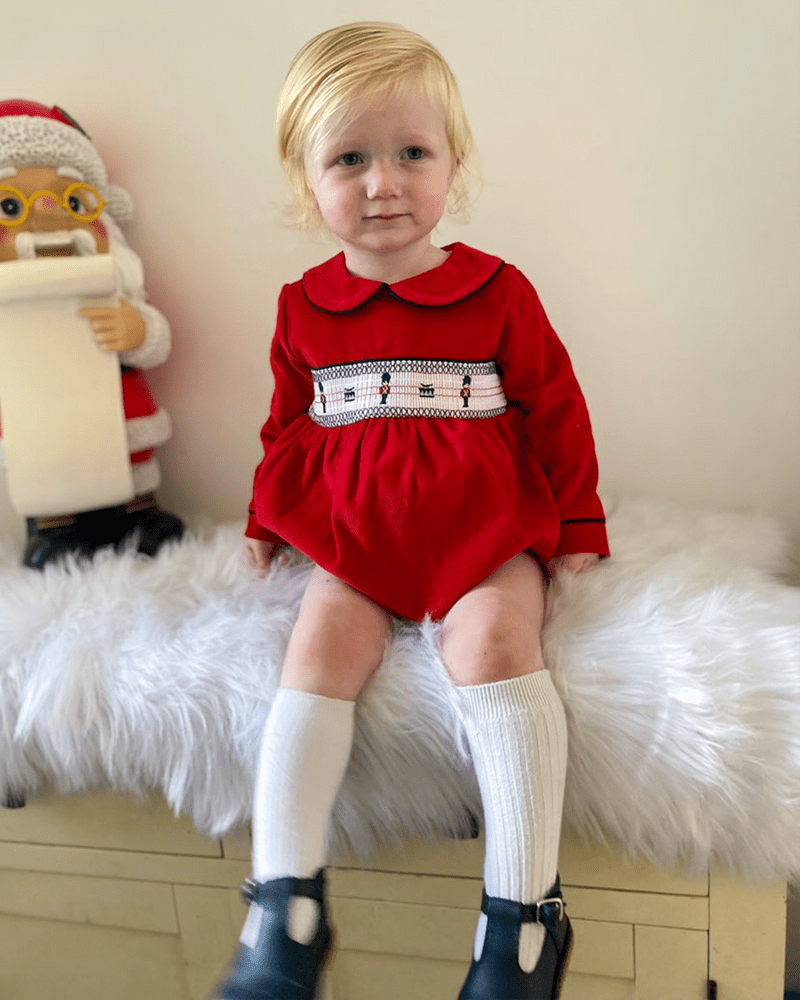 SALE Baby Boy Red Velour Smock Soilder Romper