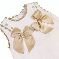 *SALE* Baby Girl  Beige Bow Waffle Dress with White Fur Bottom 