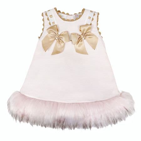 *SALE* Baby Girl  Beige Bow Waffle Dress with White Fur Bottom 