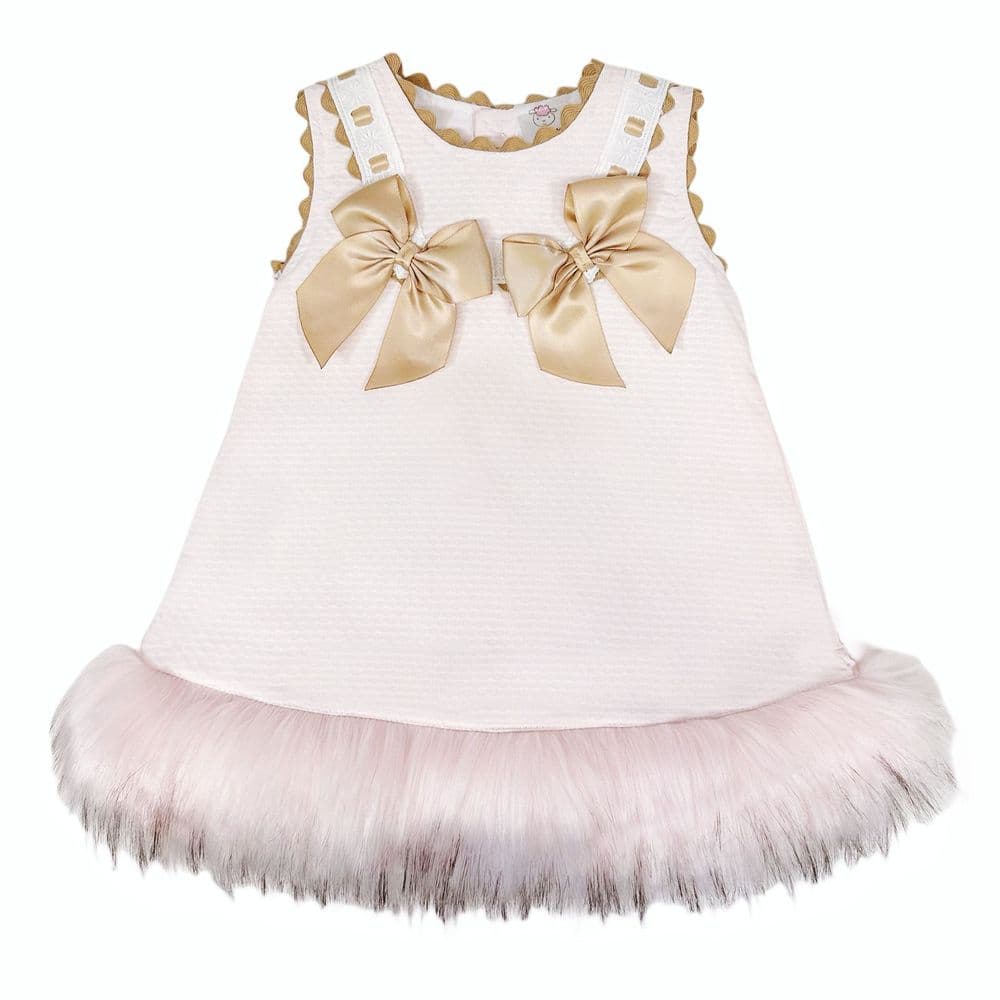 *SALE* Baby Girl Beige Bow Waffle Dress with White Fur Bottom "8612 Beige"