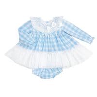 *SALE* Baby Girl Blue Checked Smock Collar Dress with Pants 