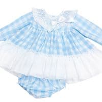 *SALE* Baby Girl Blue Checked Smock Collar Dress with Pants 