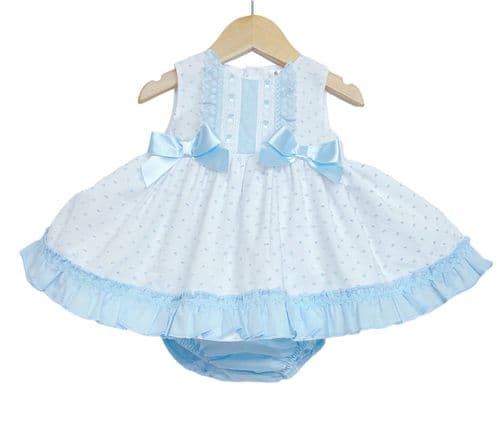 *SALE* Baby Girl Blue Puff Dress with Pants Satin Bows "MYD2218B"