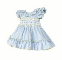 *SALE* Baby Girl Blue/Yellow Hand Smocked Puff Ball Dress 
