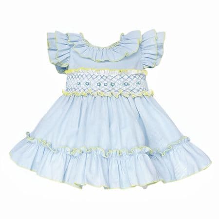 *SALE* Baby Girl Blue/Yellow Hand Smocked Puff Ball Dress 