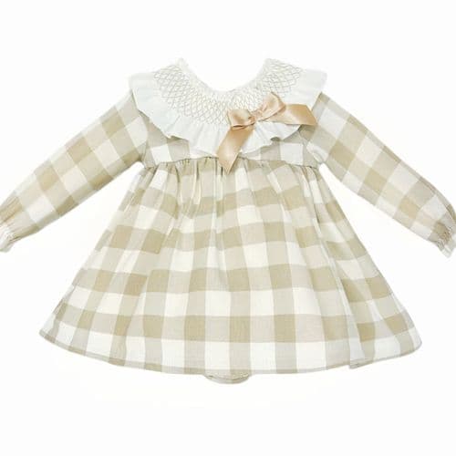 *SALE* Baby Girl Camel Check Big Frilly Collar Dress with Pants "MYDB2467C"