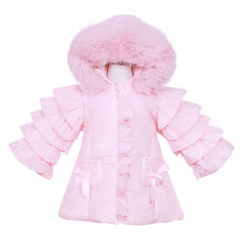 *SALE* Baby Girl Frill Sleeve Pink Puffer Coat with Faux Fur Hood "MYD410P"