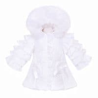 *SALE* Baby Girl Frill Sleeve White Puffer Coat with Faux Fur Hood 